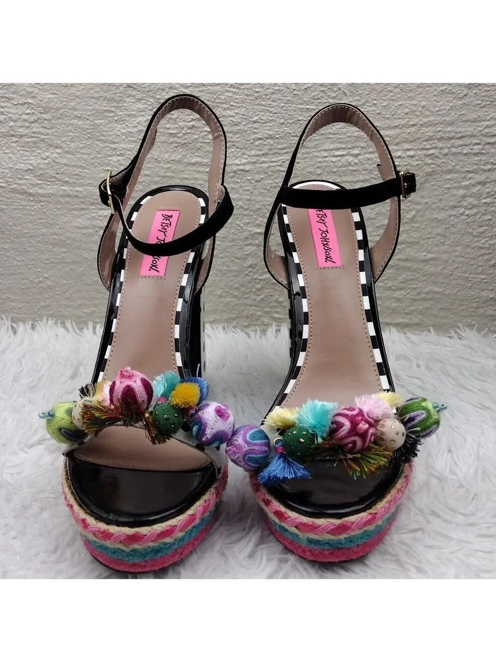 Betsey Johnson Polka Black White Embroidered Open Toe Slingback High Heel Shoe